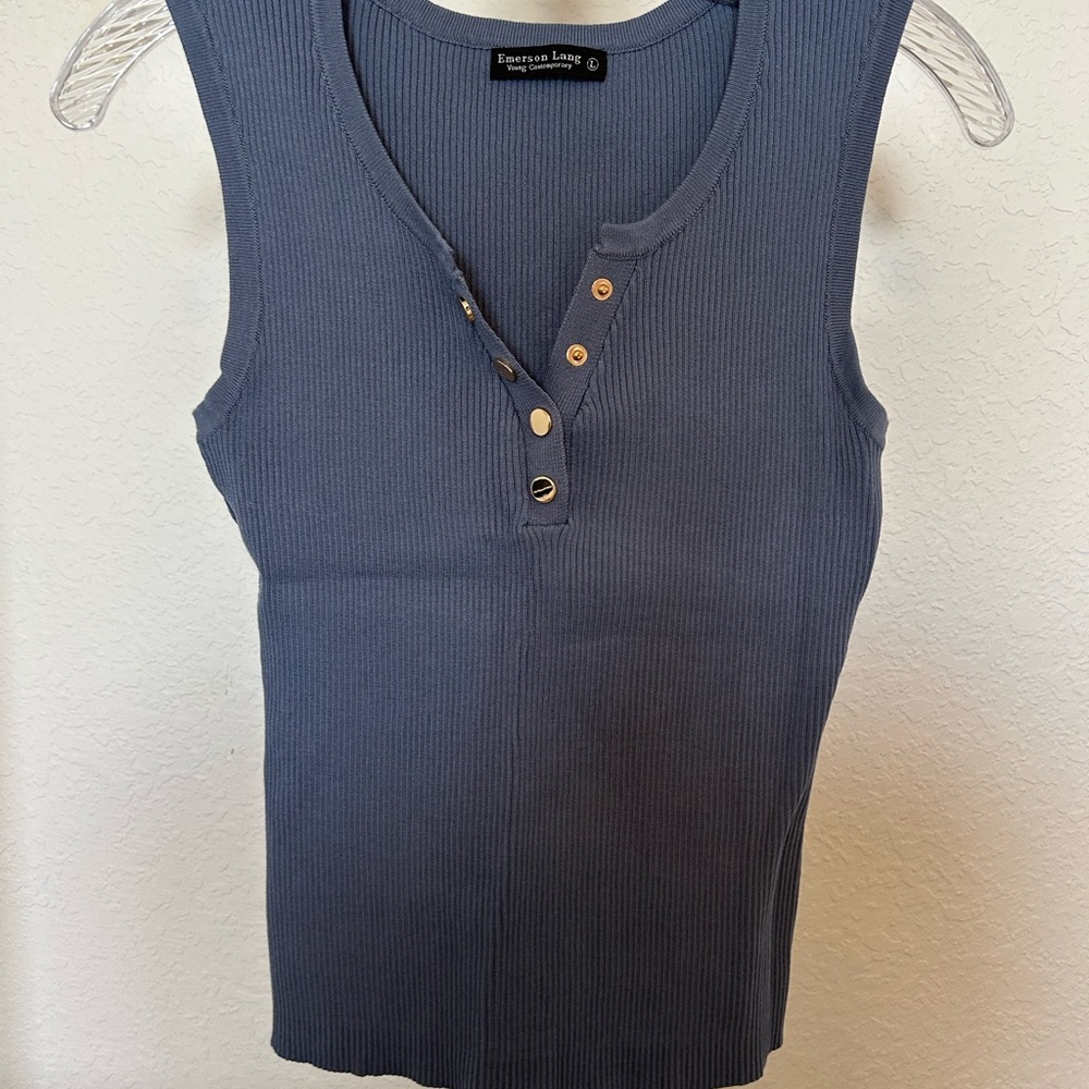 Emerson Lang Ribbed Henley Tank Top - Slate Blue